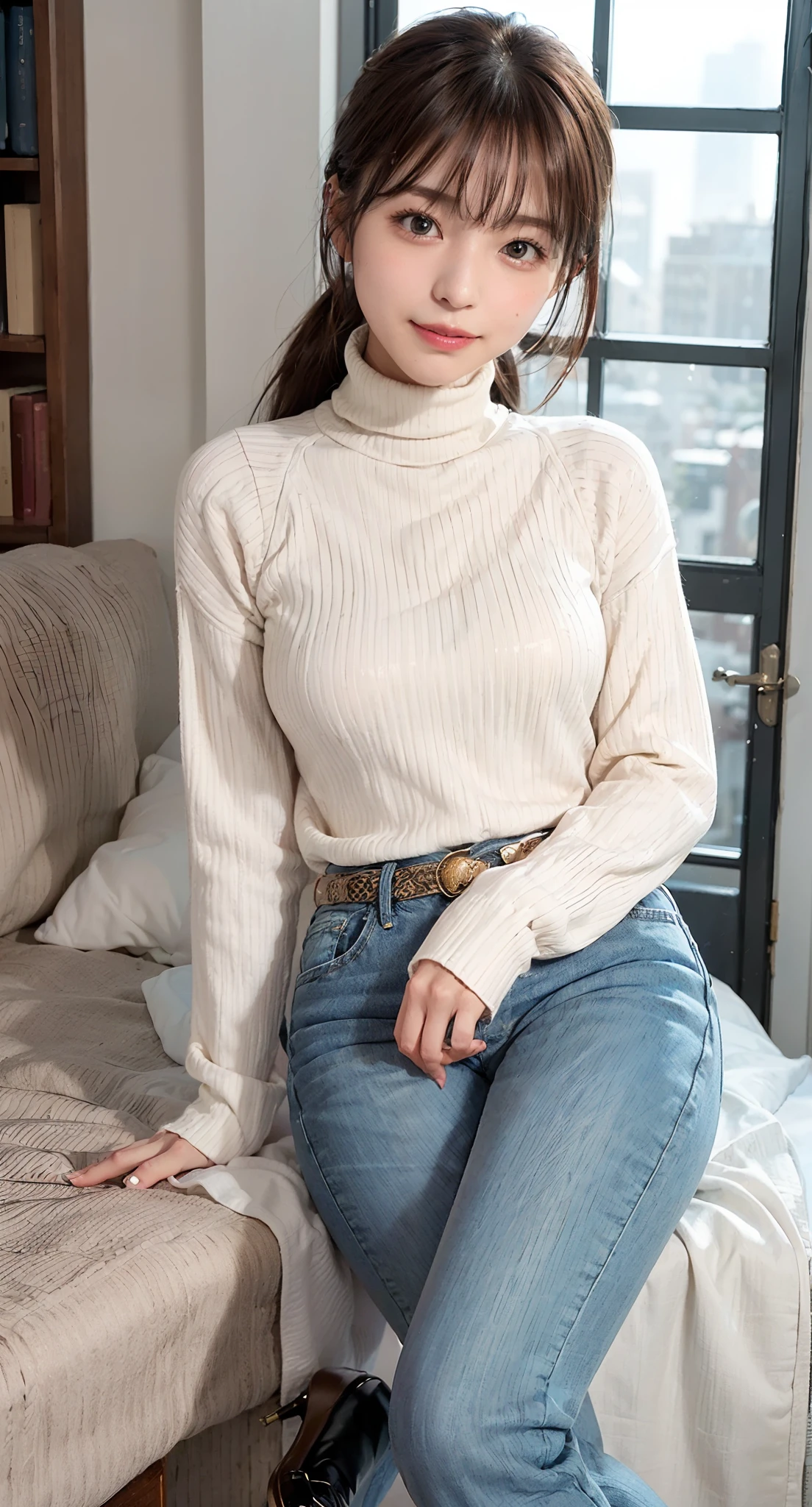 (((looking away,poneyTail、a smile、Mouth ajar))),(((((Turtleneck sweater and narrow jeans、shortsleeves、high-heels))))),((at the library、Reading a book、From above))、masutepiece, 1girl in, best qualtiy, Ultra Detail, (shiny), (Small)、(((with blush cheeks,))),Ray tracing,Perfect Lighting, (milky skin:1.2),reflection, up looking_で_viewer, blush, yellow_Eyes, Japan's cutest 28-year-old beautiful girl、Small ribbons in the hair、Contrast Legs