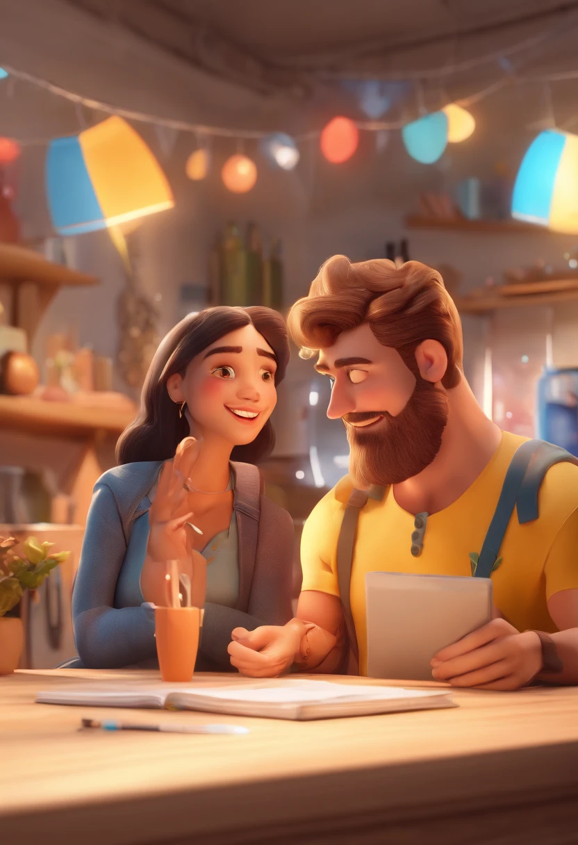 An illustration of an adorable couple, Destacando um homem e uma mulher com beleza, Expressive eyes – the man's hair is bald and brown and he has a full beard, While the woman's hair is tied up in a bun and blonde. They are a bright space, Todos com um sorriso no rosto, e compartilhe um momento especial, That is marked by love, viagem, and pedagogical insights. Ilustre esta cena a partir de uma perspectiva, where they're facing away from the camera, Show Your Connection. Desenvolva esta arte em Full HD, Focus on your cinematic touch, Estilo Disney Pixar Animations