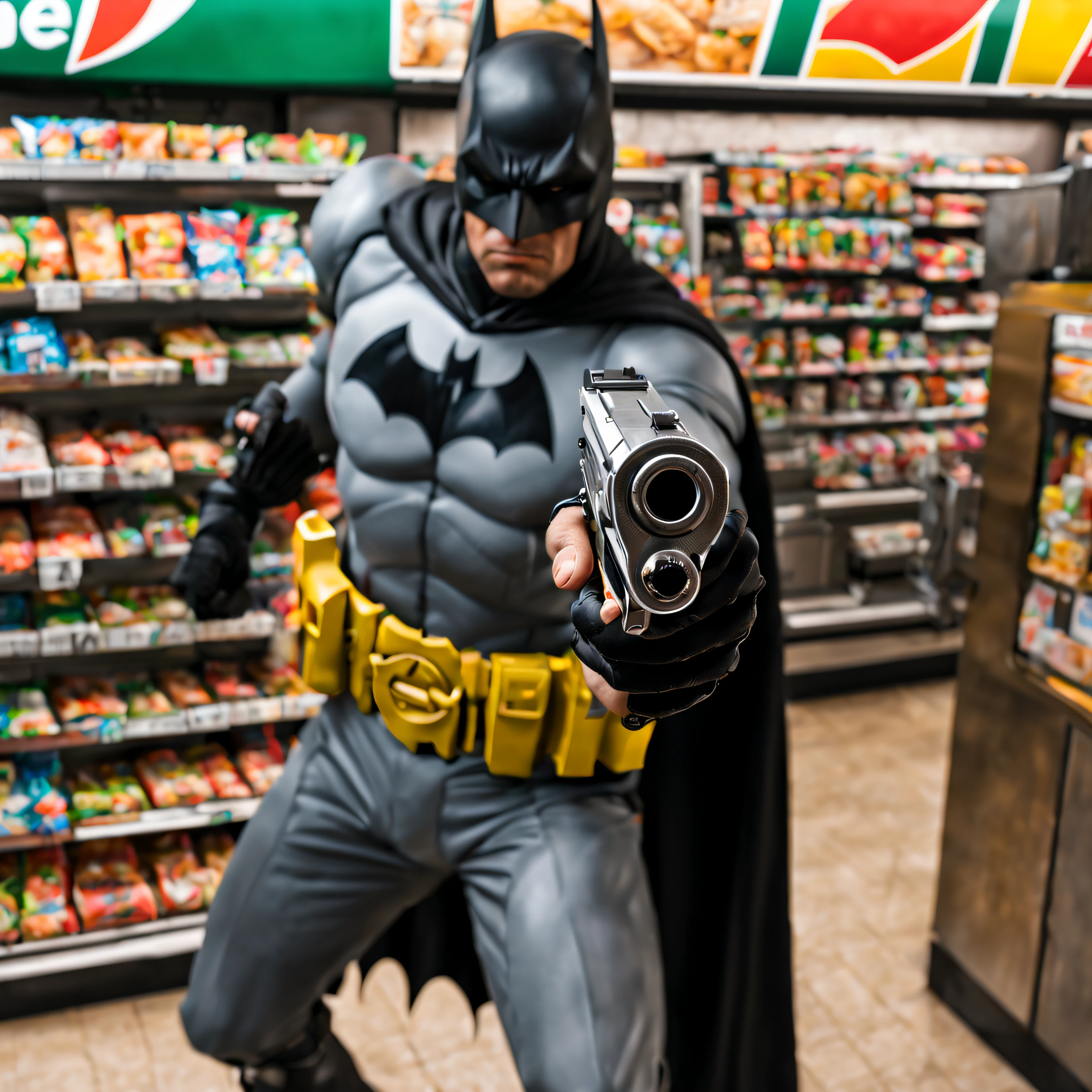 gunatyou, PEBatman, batman, robbing a 7eleven counter, masterpiece, high resolution, octance 4k, high detail, pistol