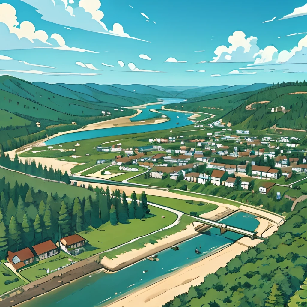 Large coastal medieval town, taiga forest, overhead view,