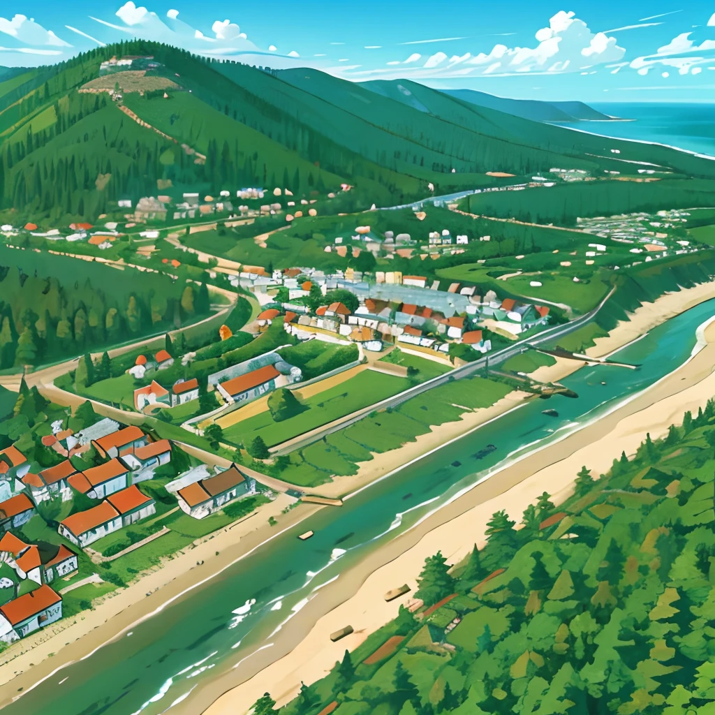 Large coastal medieval town, taiga forest, overhead view,