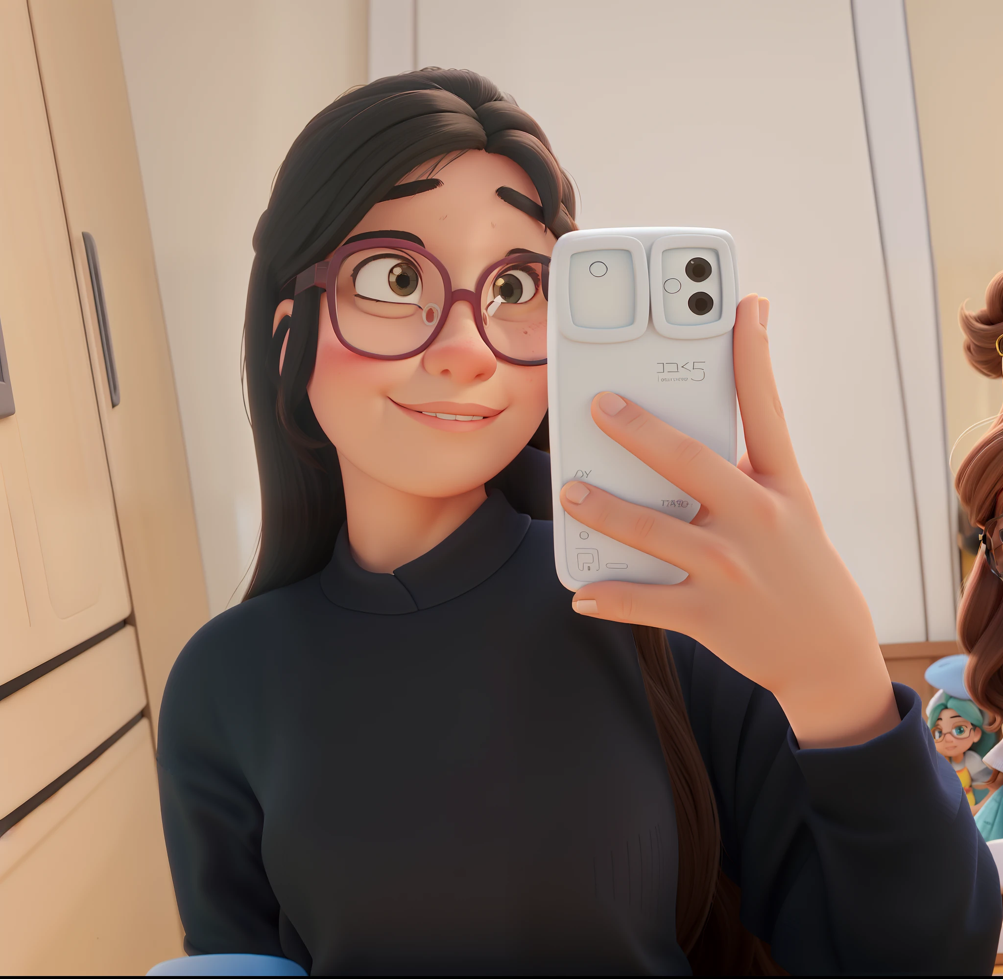 Uma menina de 19 anos, estilo disney pixar, She wears big glasses, tem cabelo liso morena, olhos castanhos, pele branca, com a cara um pouco rosada, foto com alta qualidade