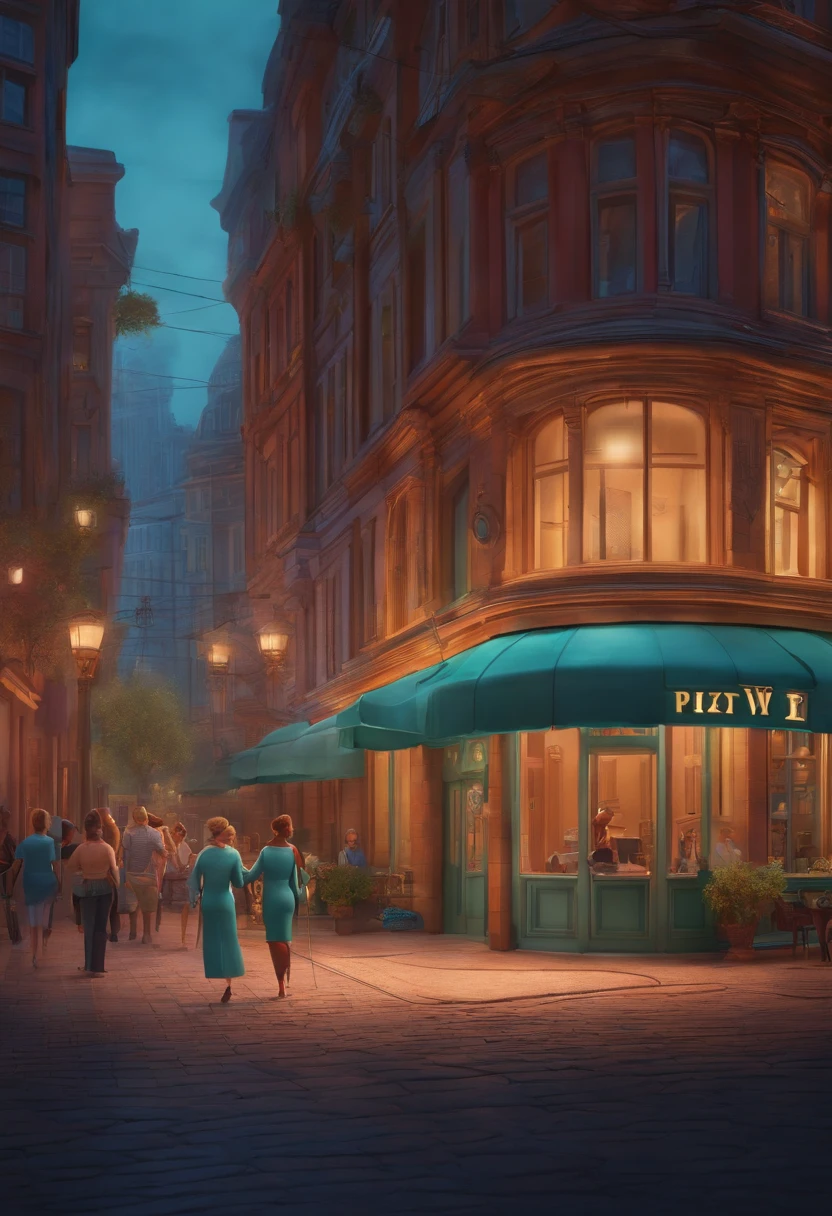 Pixar 3D-style drawing of a slimming clinic in the city center with a character in the foreground