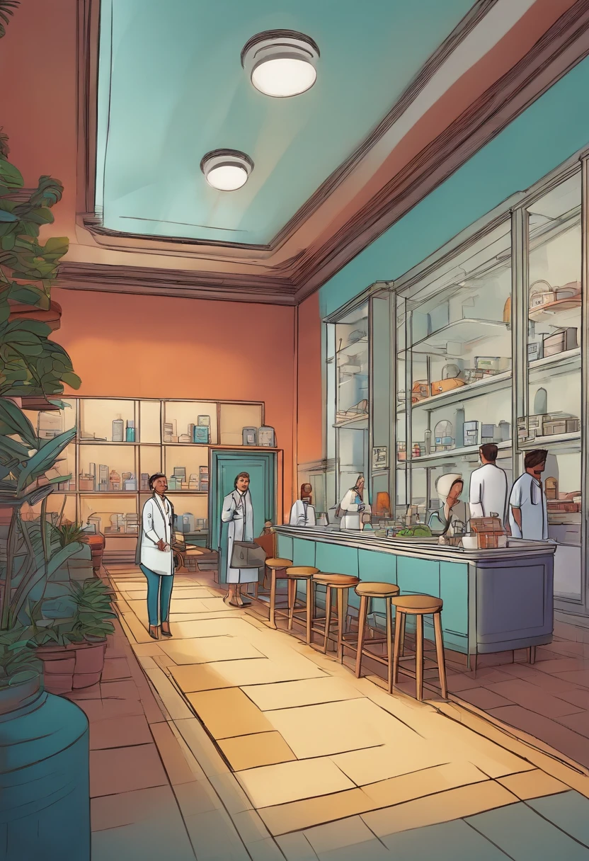 Pixar 3D-style drawing of a slimming clinic in the city center with a character in the foreground