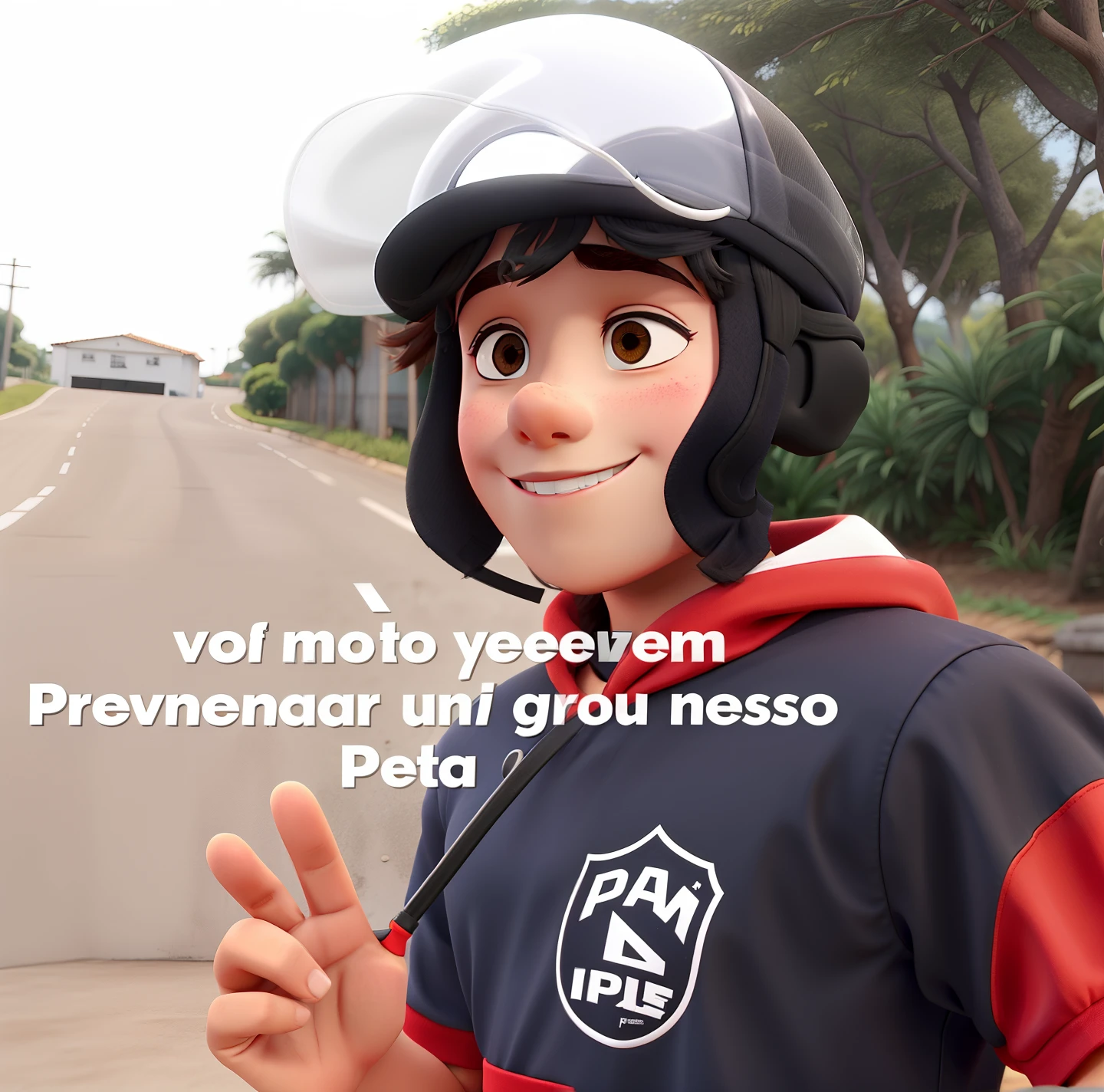 Um jovem rapaz, com um capacete preto, vestindo uma blusa prata e vermelha
