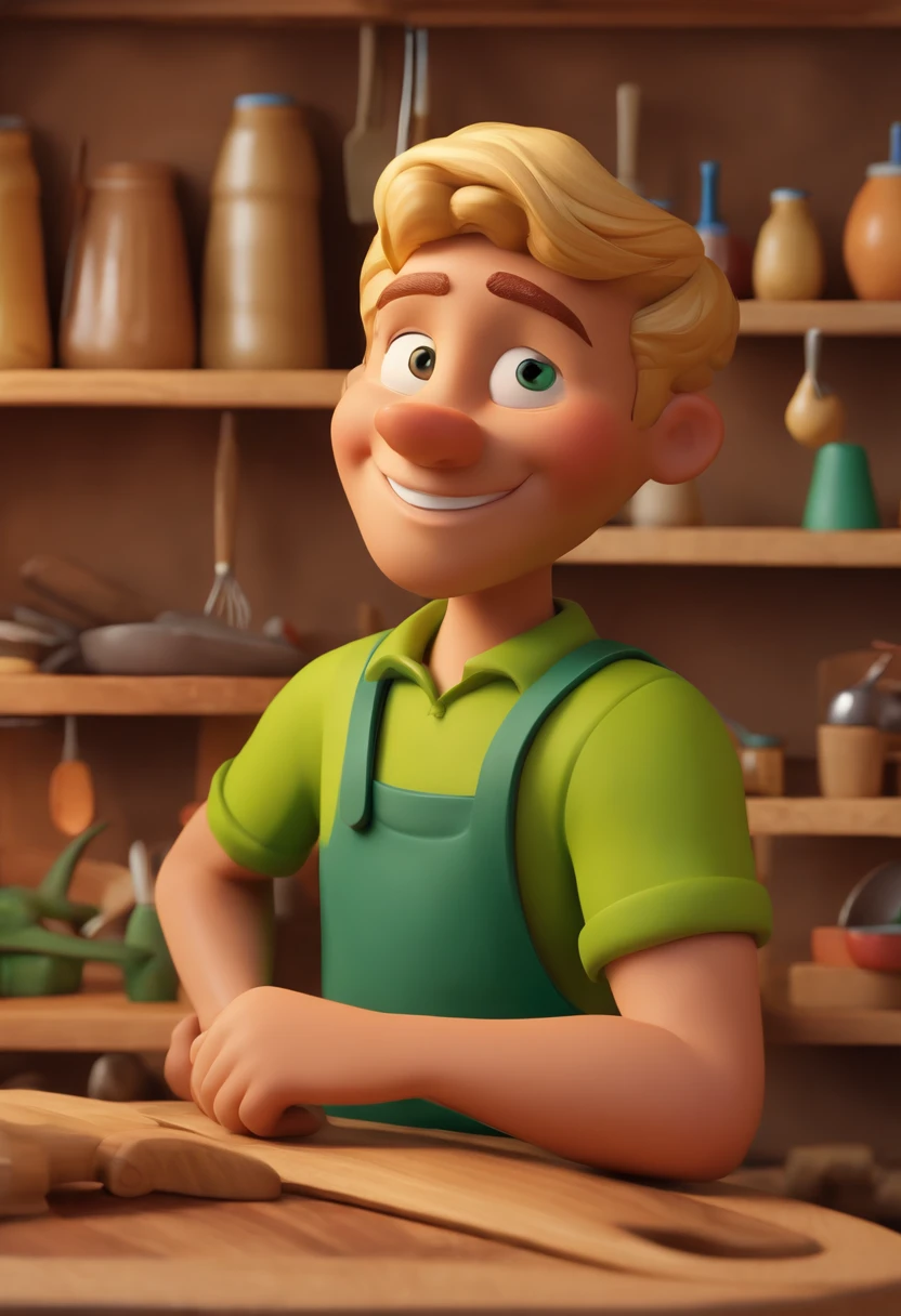 "create a Disney pixar cartoon style 3d image". man, 30s, blond, short hair, green eyes, smiling, fat, dressed in casual clothes and apron, in a craft workshop with carving tools on the walls, carving a colorful African sculpture