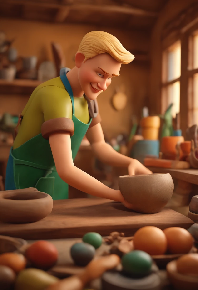 "create a Disney pixar cartoon style 3d image". man, 30s, blond, short hair, green eyes, smiling, fat, dressed in casual clothes and apron, in a craft workshop with carving tools on the walls, carving a colorful African sculpture