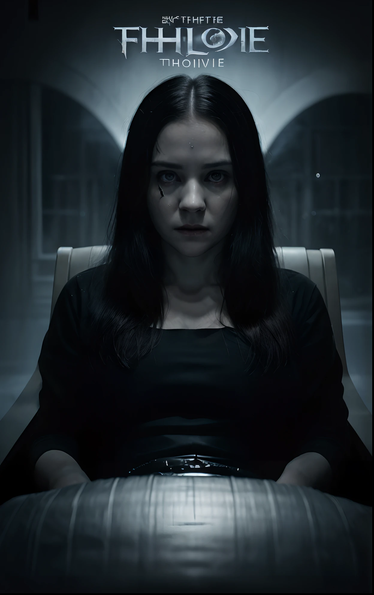 Prepare for a mind-bending cinematic experience with this captivating movie poster for a horror thriller, suspense, thiller, dark force, ghost sitting on a chair looking at me, dark theme, ghost has a human like for, soft lighting, cinematic poster, poster contacts has the name of the film and the other details, ultra HD
