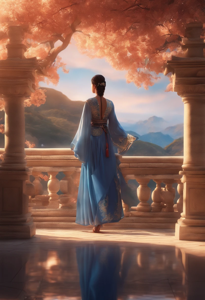 Arte Oficial, Unity 8k papel de parede, ultra detalhado, Beautiful and Aesthetic, master part, best quality, (fire, water, fita, corte de papel), (Arte Fractal:1.3) 1girl,Building, (sozinho:1.5), Chinese_Clothes, heaven, ao ar livre, largo_Mangas, preto_Hair, Sunset, (Caindo_Folhas:1.2), Antern, (papel_lAnterna:1.5),blue skies, (ao ar livre:1.5),Hanfu, (rainbow-candy:0.8), (estilo-swirlmagic:0.8),