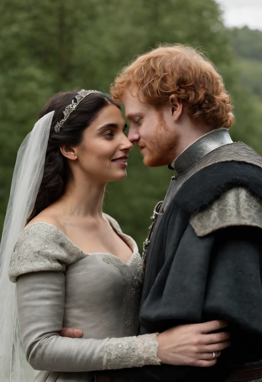 That’s a  medieval marriage in winterfell, Ed Sheeran as Robb Stark, and Anya Chalotra as a dornish lady from game of thrones, ultra realistic, high definition, focus