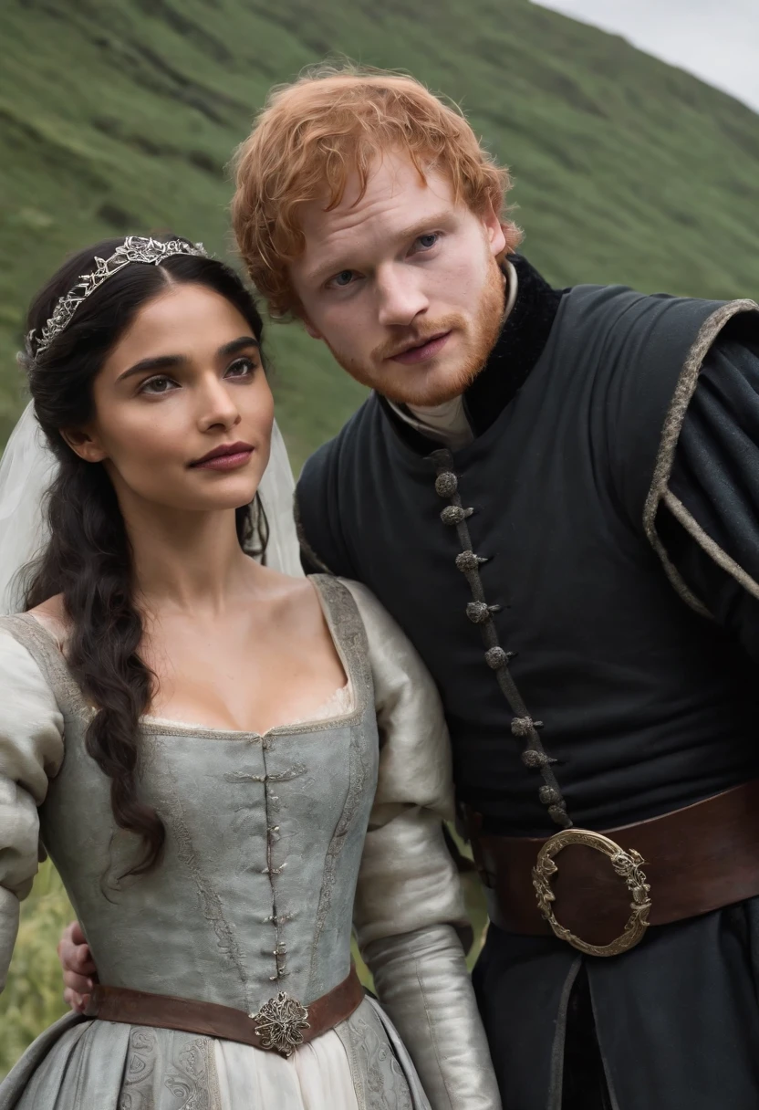 That’s a medieval marriage in winterfell, Ed Sheeran as Robb Stark, and Anya Chalotra as a dornish lady from game of thrones, ultra realistic, high definition, focus