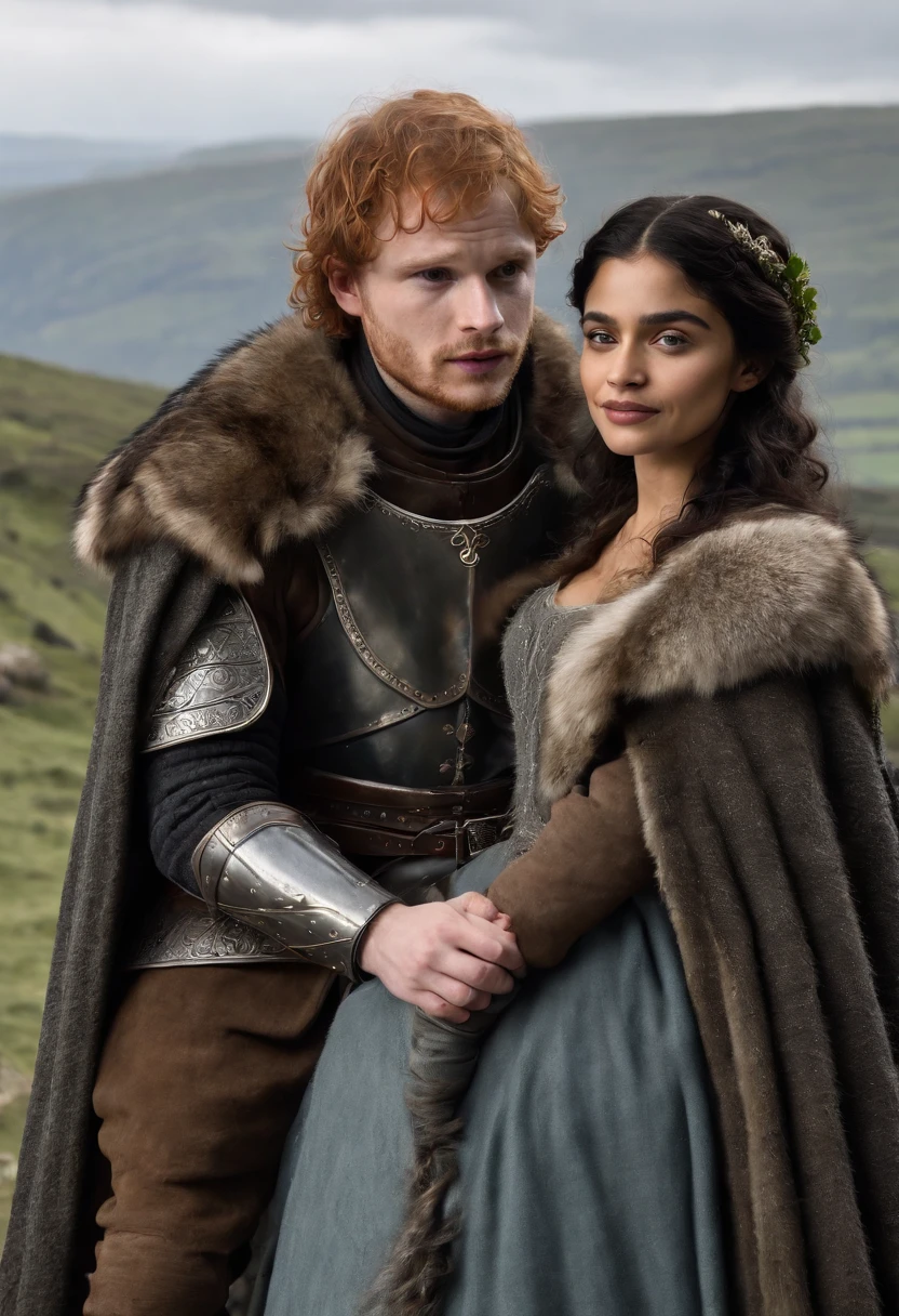 That’s a  medieval marriage in winterfell, Ed Sheeran as Robb Stark, and Anya Chalotra as a dornish lady from game of thrones, ultra realistic, high definition, focus