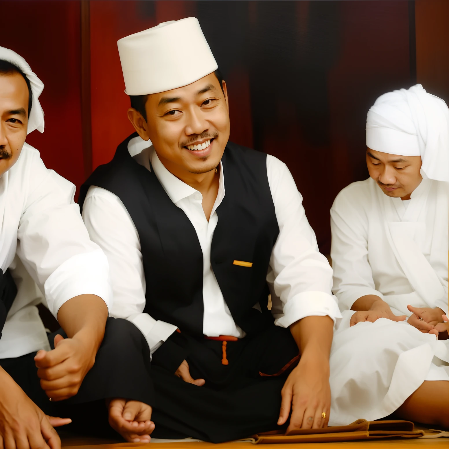 several people sitting on the floor with a man in a white shirt, lokah samastah sukhino bhavantu, inspired by Basuki Abdullah, jokowi, ramil sunga, inspired by I Ketut Soki, meme format, very clear picture, kuntilanak, raden saleh, wearing traditional garb, saadane afif, portrait shot