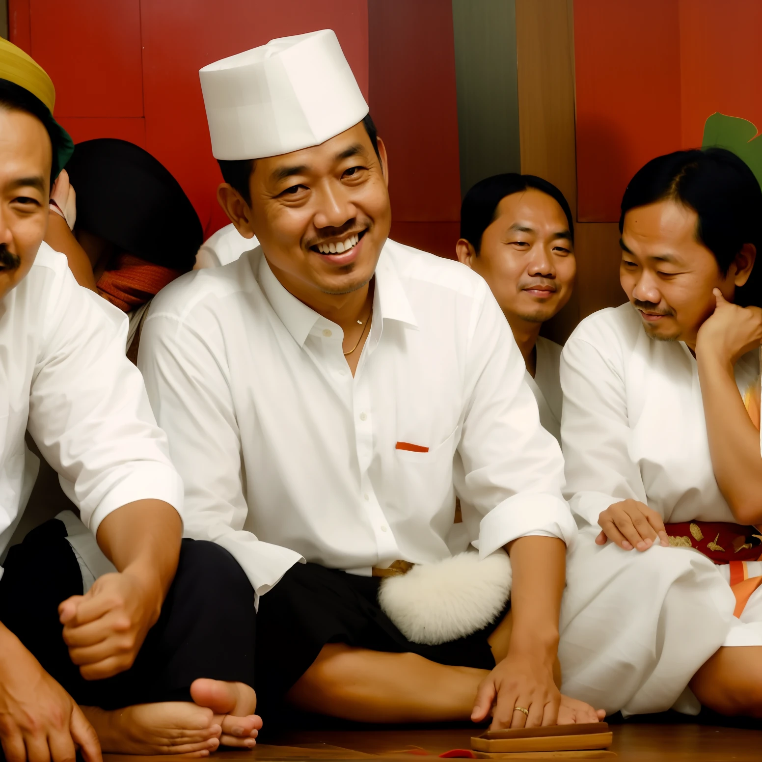 several people sitting on the floor with a man in a white shirt, lokah samastah sukhino bhavantu, inspired by Basuki Abdullah, jokowi, ramil sunga, inspired by I Ketut Soki, meme format, very clear picture, kuntilanak, raden saleh, wearing traditional garb, saadane afif, portrait shot