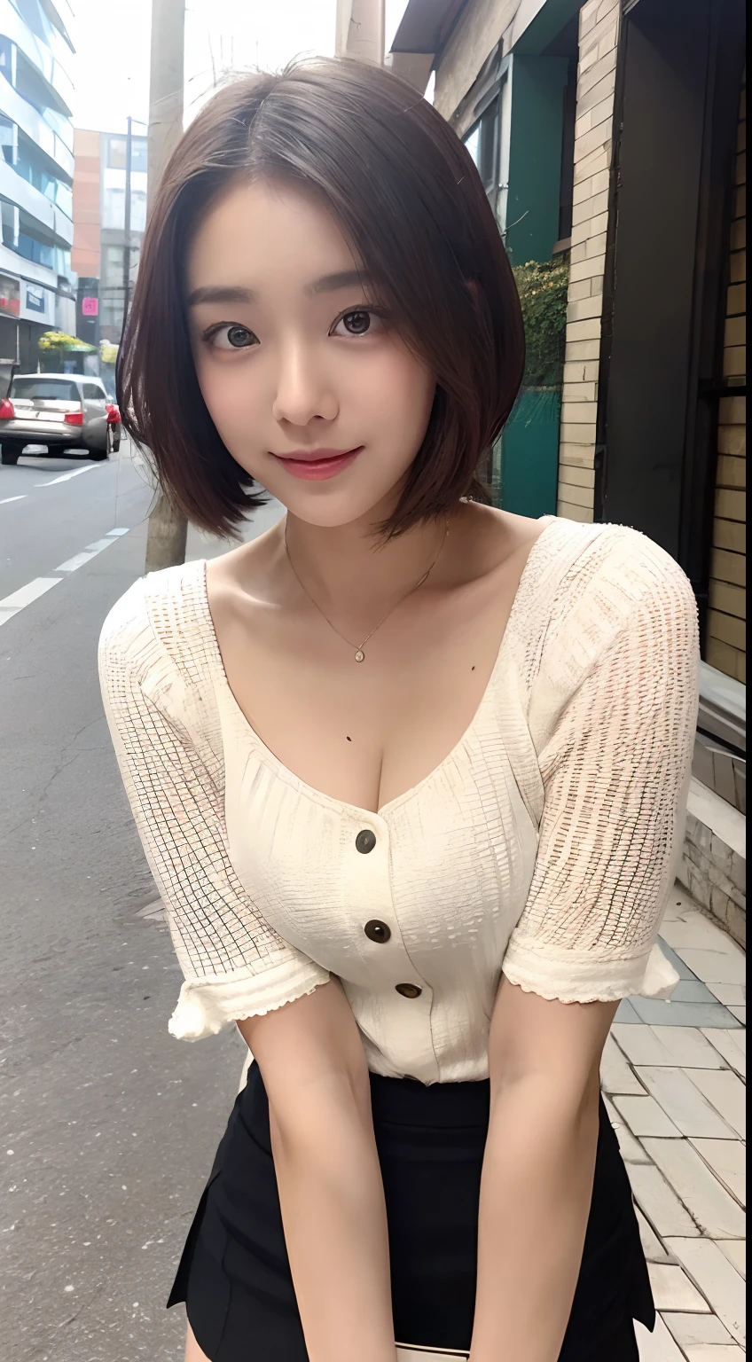 ((best qualtiy,8K,tmasterpiece:1.3)),Perfect beauty:1.4,glute:1.2,(Layered Hair Style:1.2)),(the street:1.3),Highly Detailed Face and Skin Textur,full bodyesbian,Elaborate Eyes,二重まぶた,Whitens the skin,Short wave hair,Cute Korean beauty(with a round face:1.5),(Black top,short skirt:1.6)ssmile