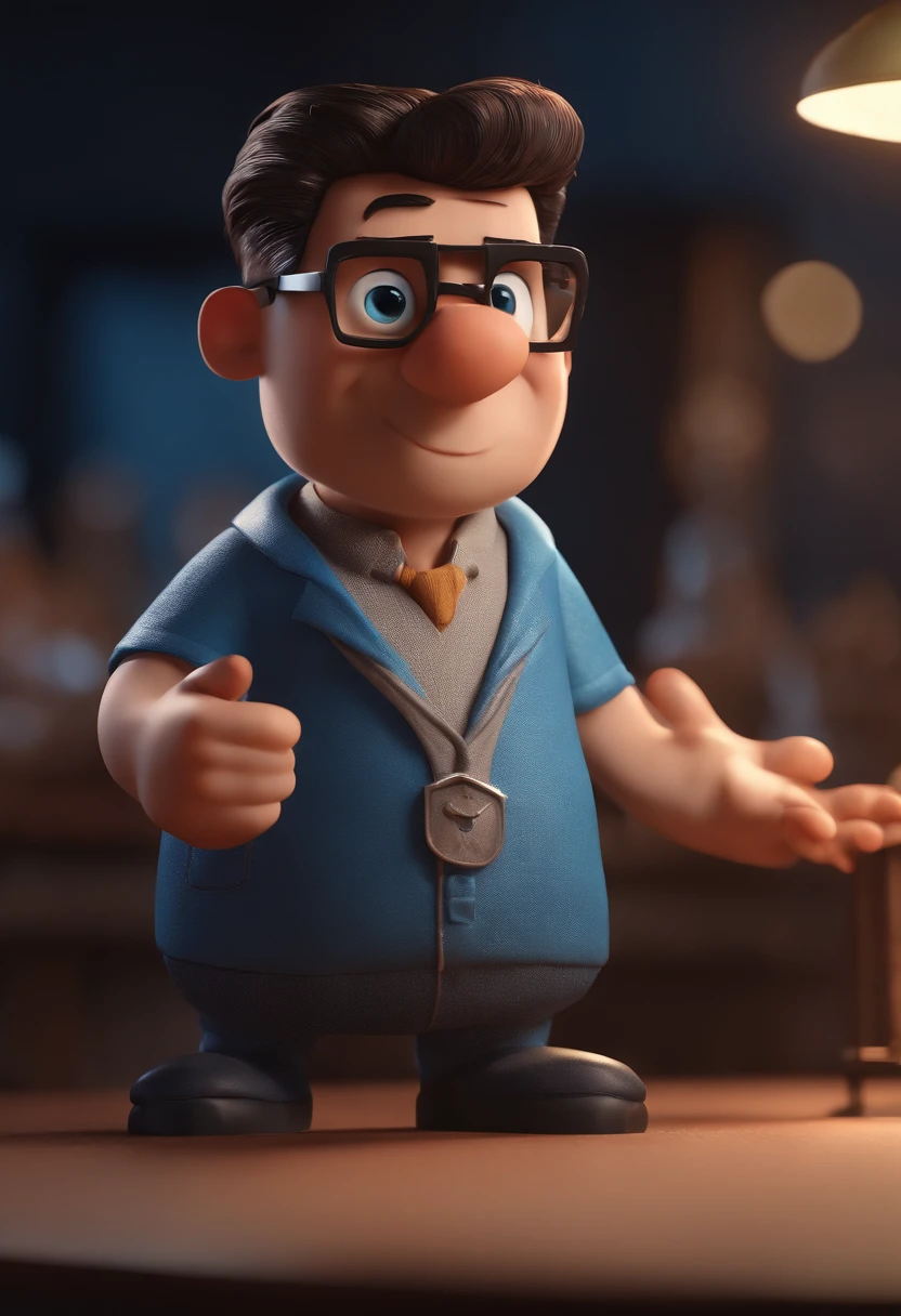 Cartoon character of a man with black glasses and a blue shirt, animation character, Caractere estilizado, animation style rendering, 3D estilizado, Arnold Maya render, 3 d render stylized, toon render keyshot, Personagem 3D, Personagem 3D, 3d rendering stylized, 3 d character render, personagem de desenho animado, Personagem de close up, Pose de personagem,  (Estilo Pixar) (master part:1.2) (Bokeh) (best quality) (pele detalhada) (textura detalhada) (8k) (argila) (Cinematic lighting) (foco nítido