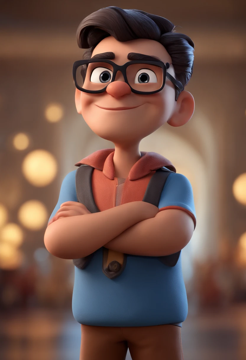 Cartoon character of a man with black glasses and a blue shirt, animation character, Caractere estilizado, animation style rendering, 3D estilizado, Arnold Maya render, 3 d render stylized, toon render keyshot, Personagem 3D, Personagem 3D, 3d rendering stylized, 3 d character render, personagem de desenho animado, Personagem de close up, Pose de personagem,  (Estilo Pixar) (master part:1.2) (Bokeh) (best quality) (pele detalhada) (textura detalhada) (8k) (argila) (Cinematic lighting) (foco nítido