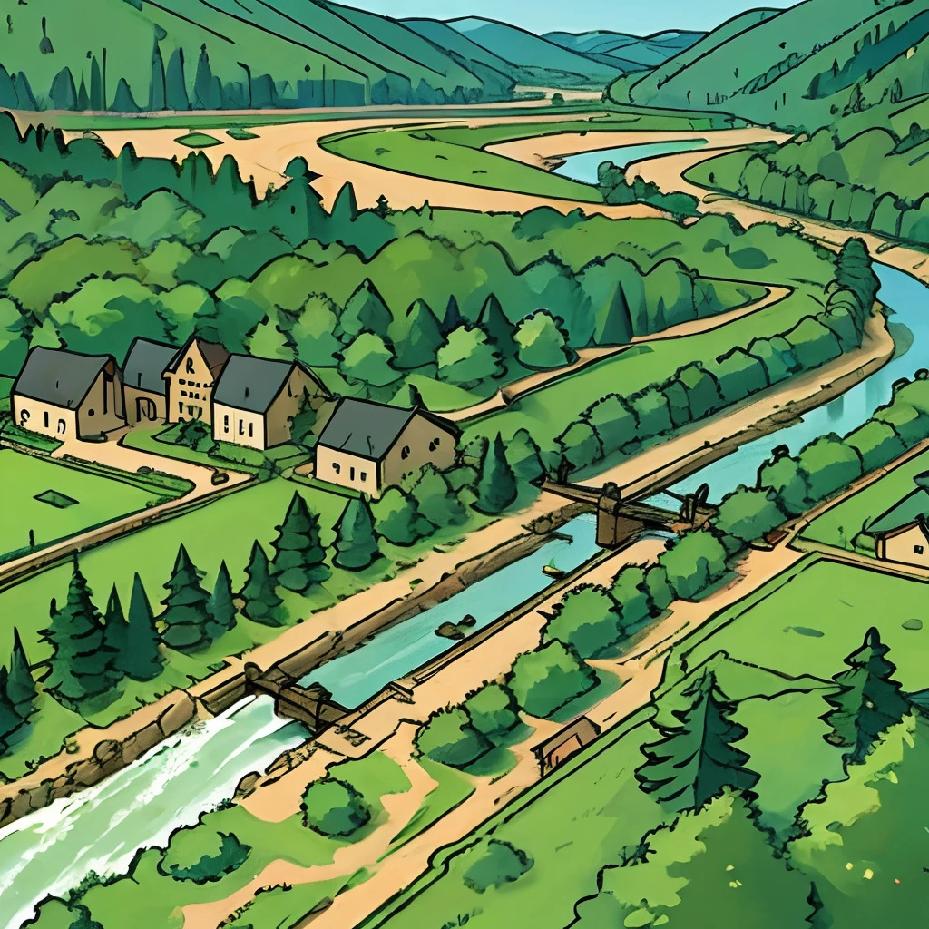 Large medieval town, taiga forest, river, overhead view,