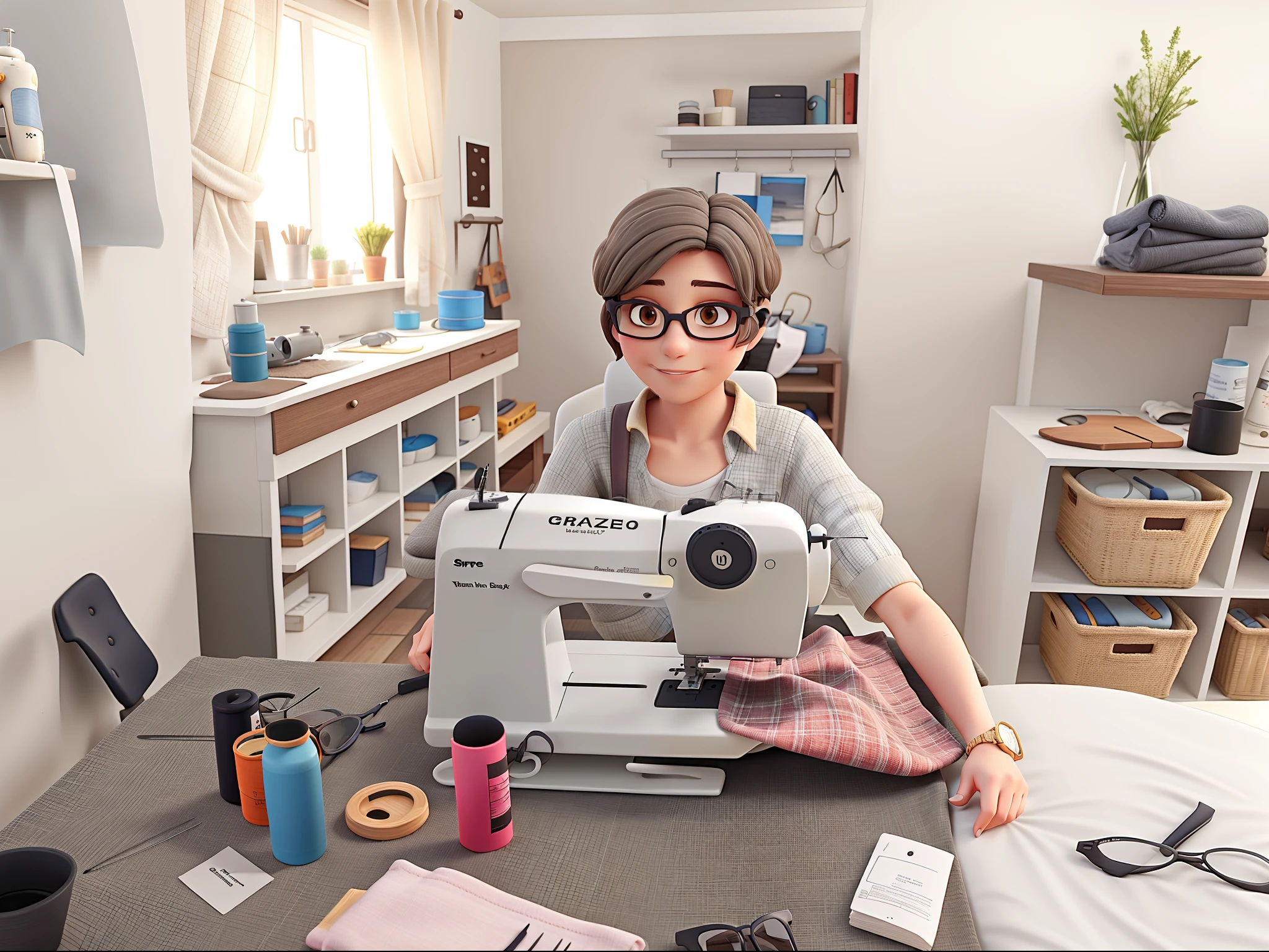 Brunette woman with short gray hair and glasses sewing