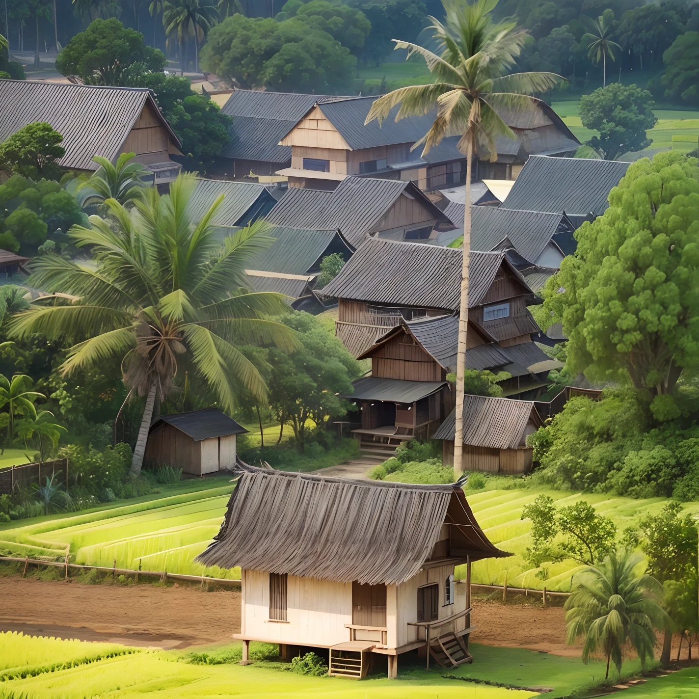 3d cartoon background animation of this scene,Disney Pixar animation style,many tradisional home, cartoon rice field,cartoon coconut tree