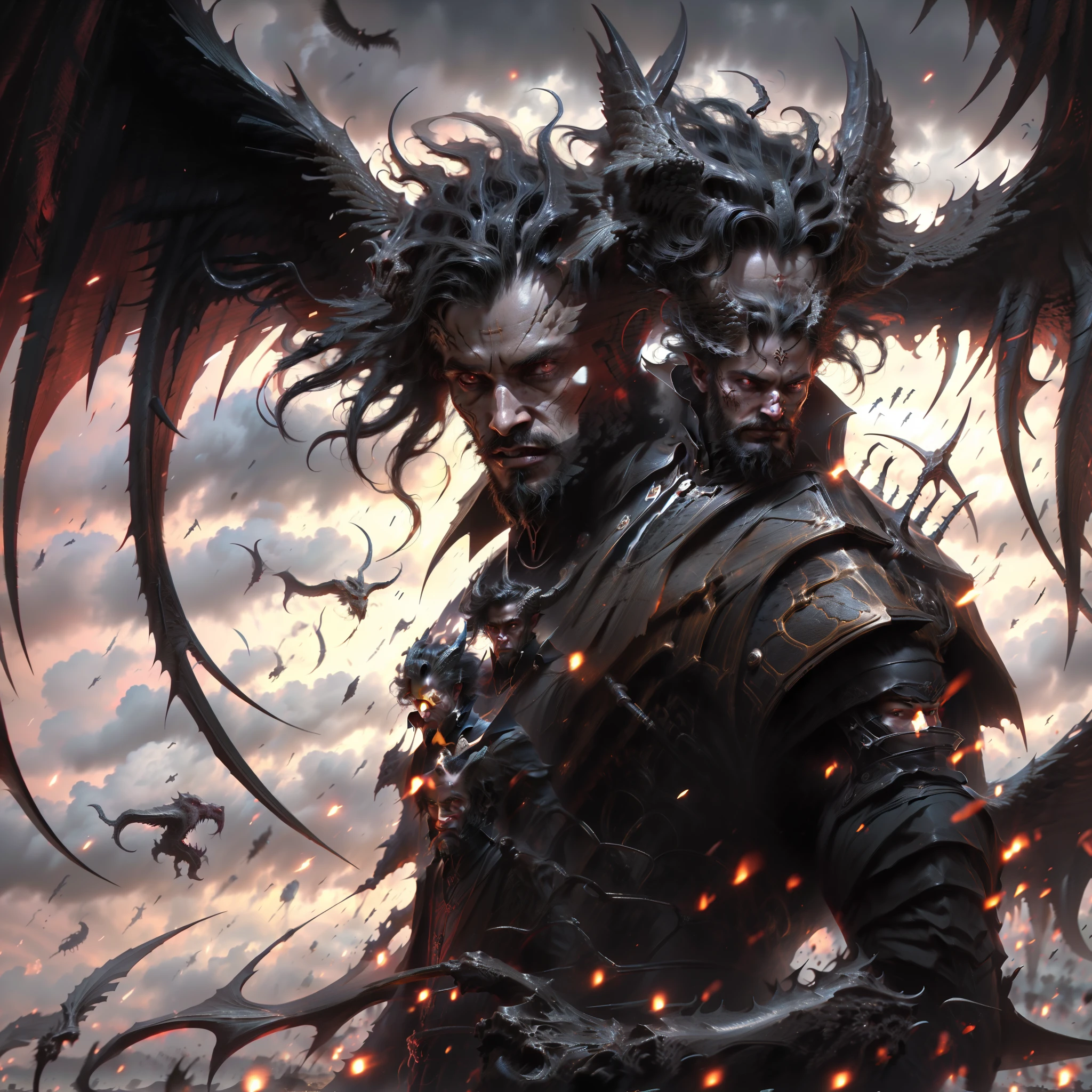 "(1 man with demonic horns+0.9cabelo e barba grande:0.9+1cavaleiro medieval), fogo infernal, raio vibrante, sangue derramado, corpo inteiro, estilo sombrio de Diablo, tiefling d&d".