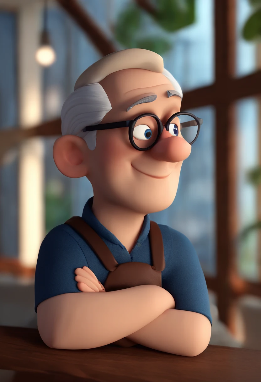 Cartoon character of a man wearing black glasses and a blue shirt, um personagem animado, Caractere estilizado, animation style rendering, 3D estilizado, Arnold Maya render, 3 d render stylized, toon render keyshot, Personagem 3D, Personagem 3D, 3d rendering stylized, 3 d character render, personagem de desenho animado, Personagem de close up, Pose de personagem, (Estilo Pixar) (master part:1.2) (Bokeh) (best quality) (pele detalhada) (textura detalhada) (8k) (argila) (Cinematic lighting) (foco nítido，Senta e vaza a parte superior do corpo