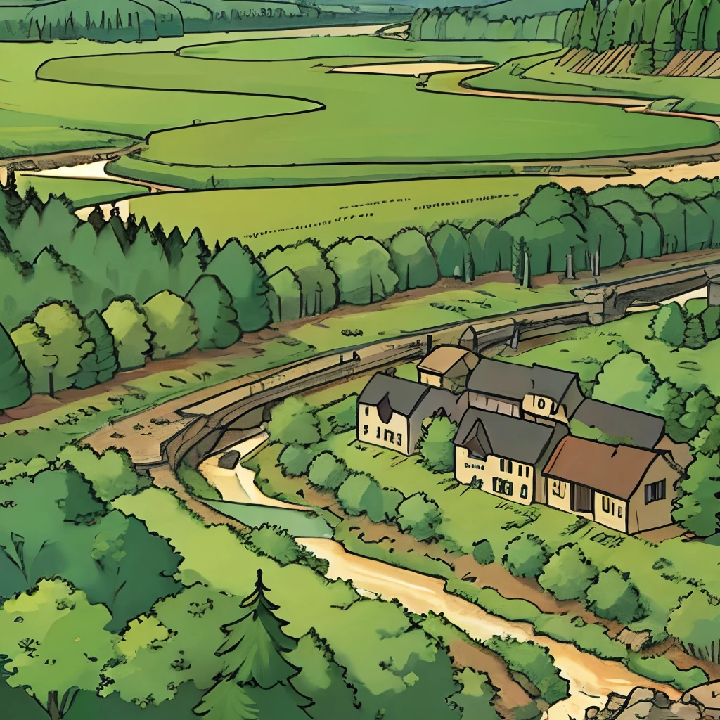 Large medieval town, taiga forest, river, overhead view,