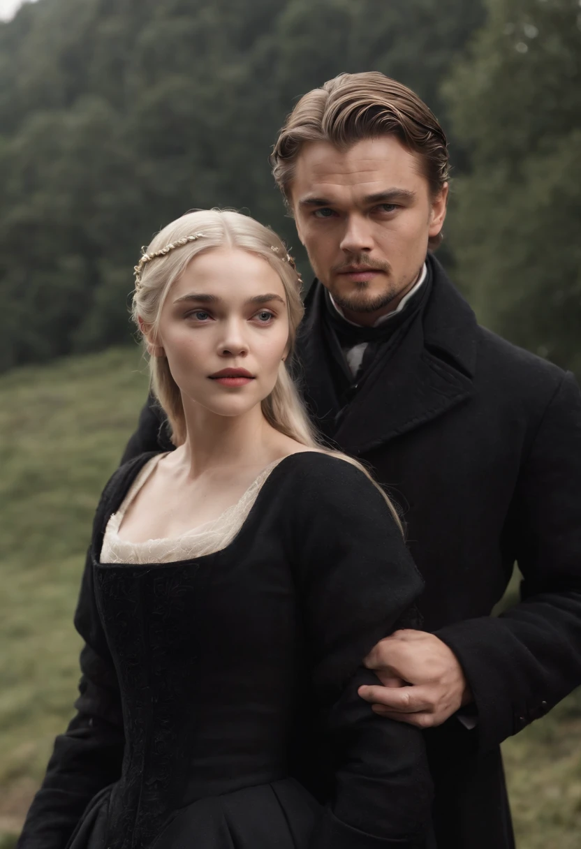 it’s a couple, a Leonardo DiCaprio, with natural platinum hair, dressing a black overcoat, and 20 years old Elizabeth Olsen, with natural Withe hair, wearing kohl, graceful, beautiful, candlelight in a medieval setting, ultra sharp focus, realistic shot, medieval clothes, tetradic colors