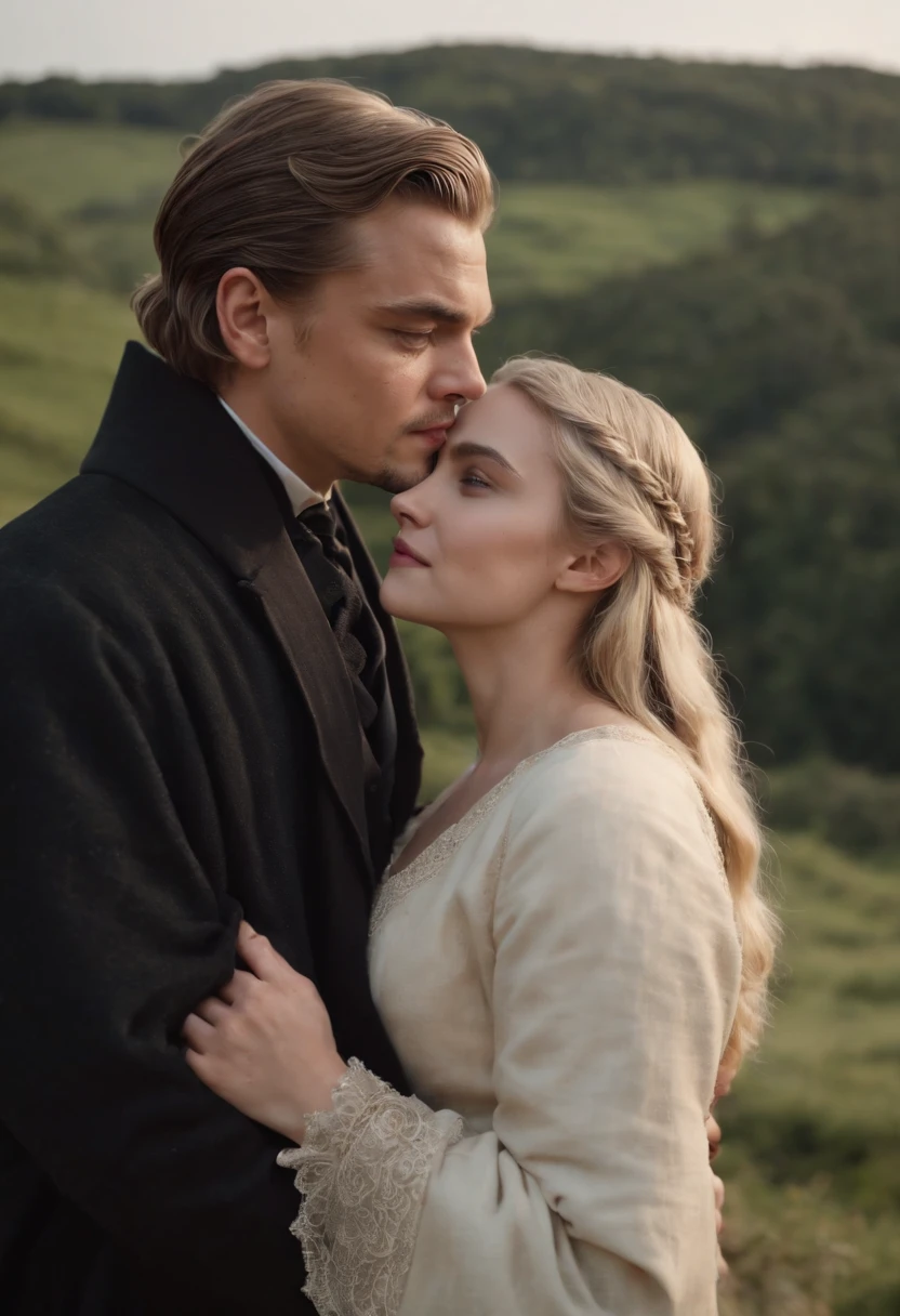 it’s a couple, a 17 years old Leonardo DiCaprio, with natural platinum hair, dressing a black overcoat, and 20 years old Elizabeth Olsen, with natural Withe hair, wearing kohl, graceful, beautiful, candlelight in a medieval setting, ultra sharp focus, realistic shot, medieval clothes, tetradic colors