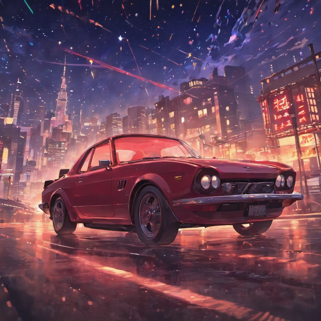 Cool cars are placed in the center Starry sky The color of the city is red Fog Skyline