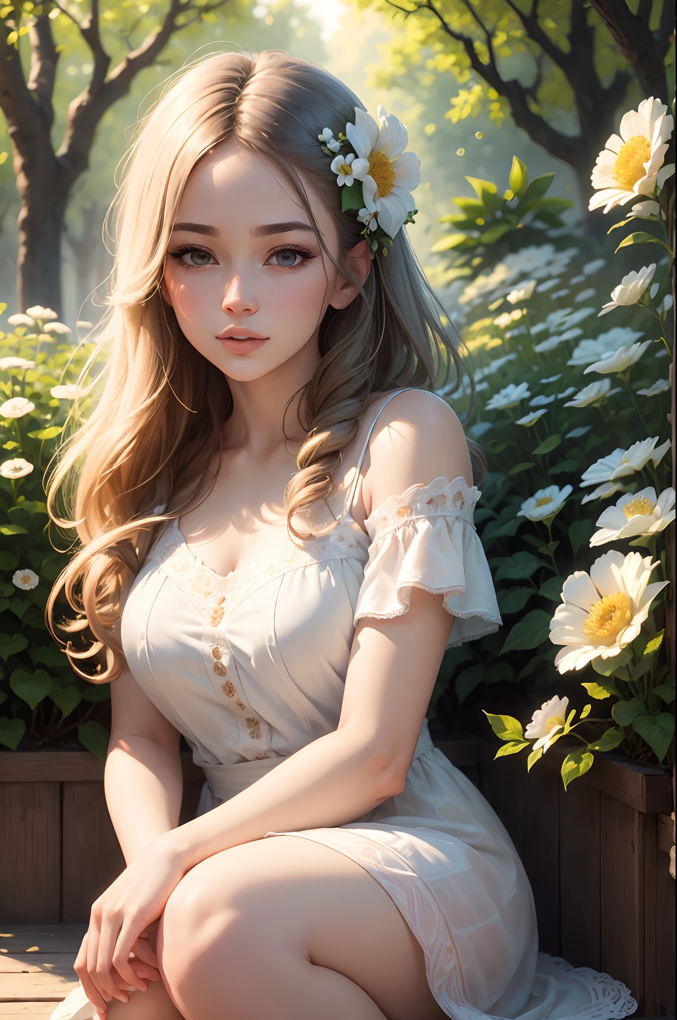 best quality,4k,8k,highres,masterpiece:1.2,ultra-detailed,realistic,photorealistic:1.37,illustration,garden,girl,beautiful detailed eyes,beautiful detailed lips,extremely detailed eyes and face,longeyelashes,portraits,vivid colors,soft lighting,subtle tones,flowers,greenery,serene atmosphere,delicate brushstrokes,gentle sunlight,peaceful expression,sunny day,blissful moment,relaxing ambiance,harmonious composition，dreamlike scenery