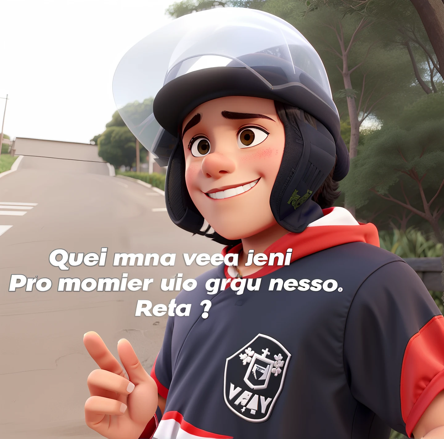 Um jovem rapaz, com um capacete preto, vestindo uma blusa prata e vermelha