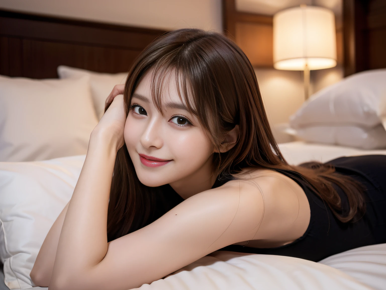 (Raw photo, Best Quality), (Realistic, Photorealsitic:1.4), masterpiece, extremely delicate and beautiful, Extremely detailed, 8k wallpaper, amazing, finely detail, extremely detailed CG Unity, hight resolution, 1 japanese girl, (Close up portrait of woman lying in bed:1.5), The upper part of the body, Soft light, beautiful detailed women, 25-years old, extremely detailed eye and face, beautiful detailed nose, Beautiful detailed eyes, Cinematic lighting, Perfect Anatomy, Glamour, (Mischievous smile), (hair messy, asymmetrical bangs, light brown hair), BodyTowel