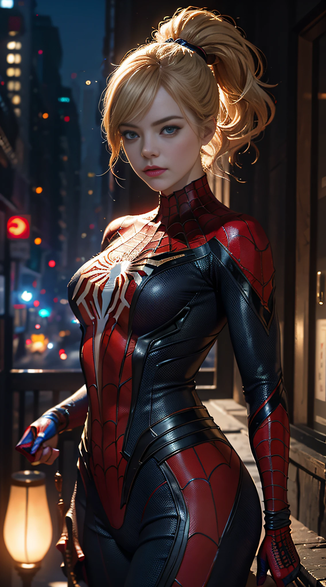 1girl, Emma Stone as spiderman (from marvel studios), look at viewer, (masterpiece, best quality, detailed skin texture, detailed cloth texture, beautiful detailed face, intricate details, ultra detailed), Ponytail, blonde hair, holding a mask, (spiderman mask), (random angles), (Best quality, A high resolution, Photorealistic, primitive, 8K,Masterpiece, ),Best quality, Masterpiec8K.hdr. High ribs:1.2, filmgrain, Blur bokeh:1.2, Lens flare, (vivd colour:1.2), (Delicate),