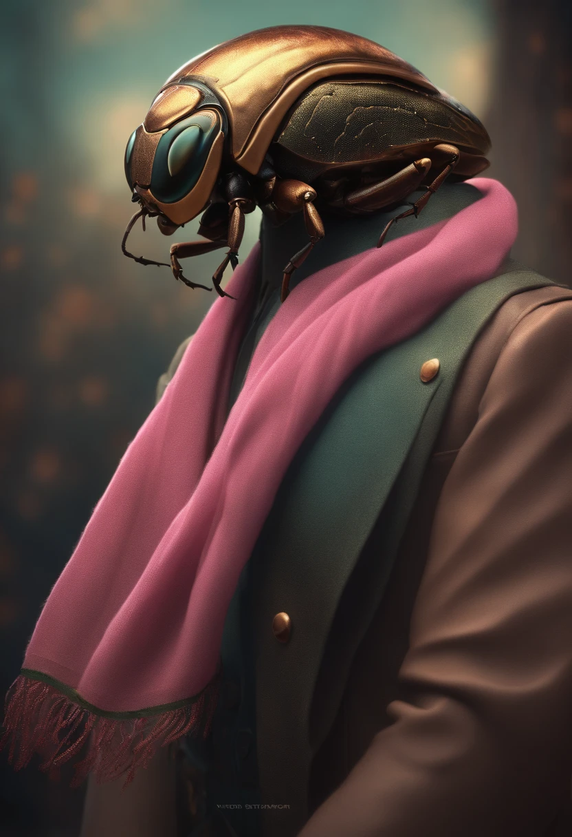 floral beetle wearing a (long:1.2) pink (scarf:1.3), a beetle with arms and a head, (dark shot:1.17), epic realistic, faded, ((neutral colors)), art, (hdr:1.5), (muted colors:1.2), hyperdetailed, (artstation:1.5), cinematic, warm lights, dramatic light, (intricate details:1.1), complex background, (rutkowski:0.8), (teal and orange:0.4)