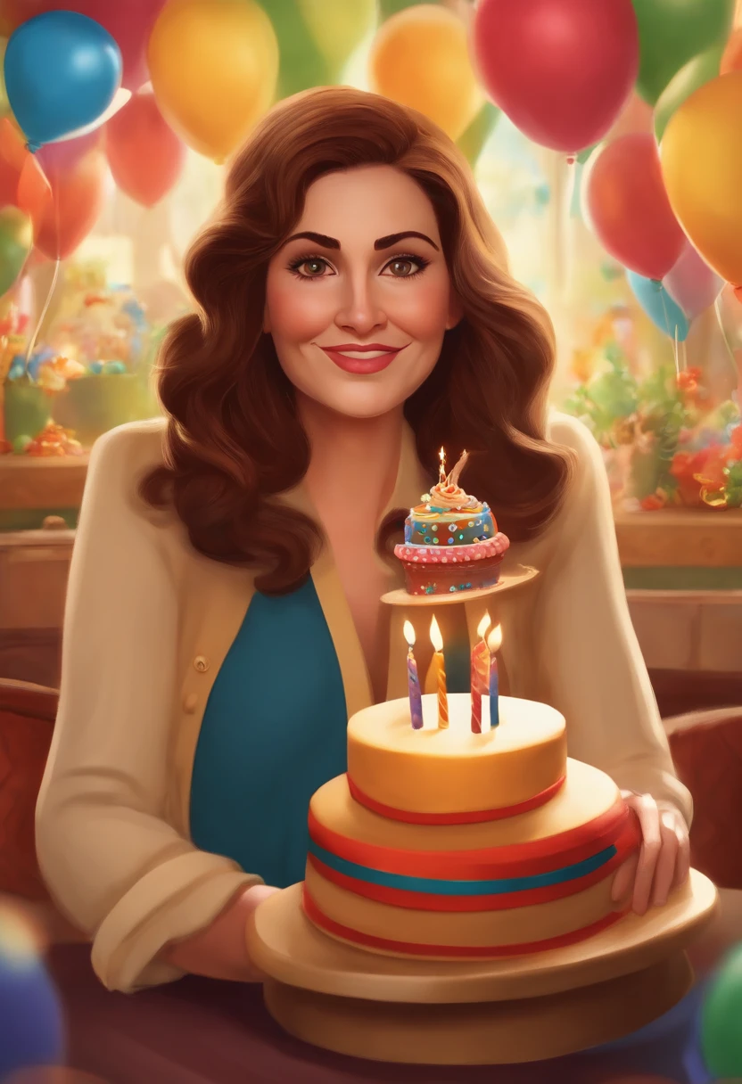 A 40-year-old woman having a birthday in Pixar style, She is white with brown hair and eyes, olhos puxados, muito feliz