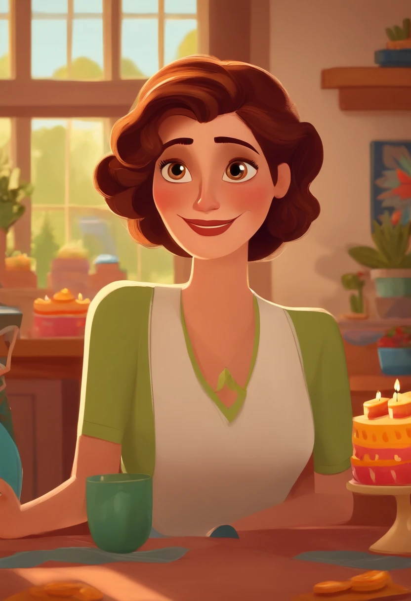 A 40-year-old woman having a birthday in Pixar style, She is white with brown hair and eyes, olhos puxados, muito feliz