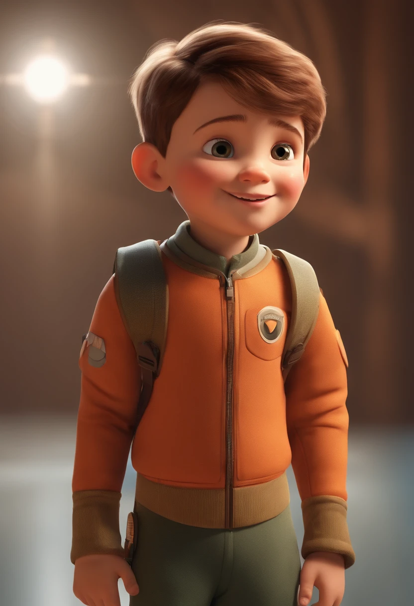 a happy cute kid standing short hair, vestindo uma fantasia espacial, , fundo branco, barnet, Tom, Estilo Pixar, ....3d, desenhos animados, rosto detalhado, asymmetrical 16k