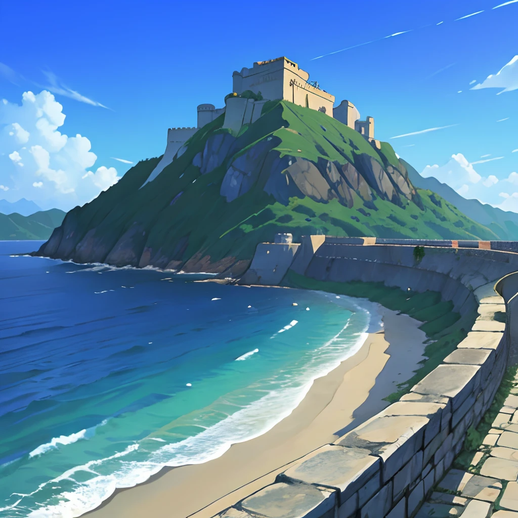 Massive coastal fortress, mountain background,