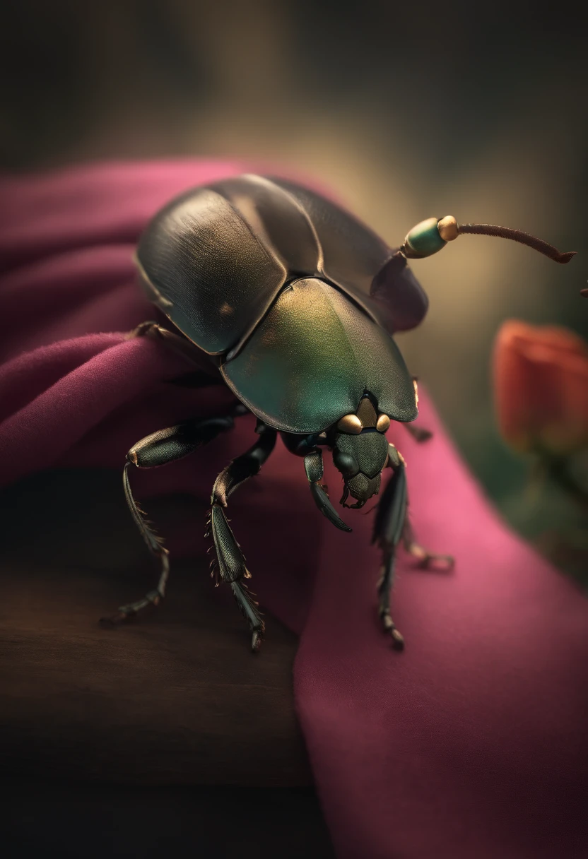 floral beetle wearing a (long:1.2) pink (scarf:1.3), a beetle with arms and a head, (dark shot:1.17), epic realistic, faded, ((neutral colors)), art, (hdr:1.5), (muted colors:1.2), hyperdetailed, (artstation:1.5), cinematic, warm lights, dramatic light, (intricate details:1.1), complex background, (rutkowski:0.8), (teal and orange:0.4)