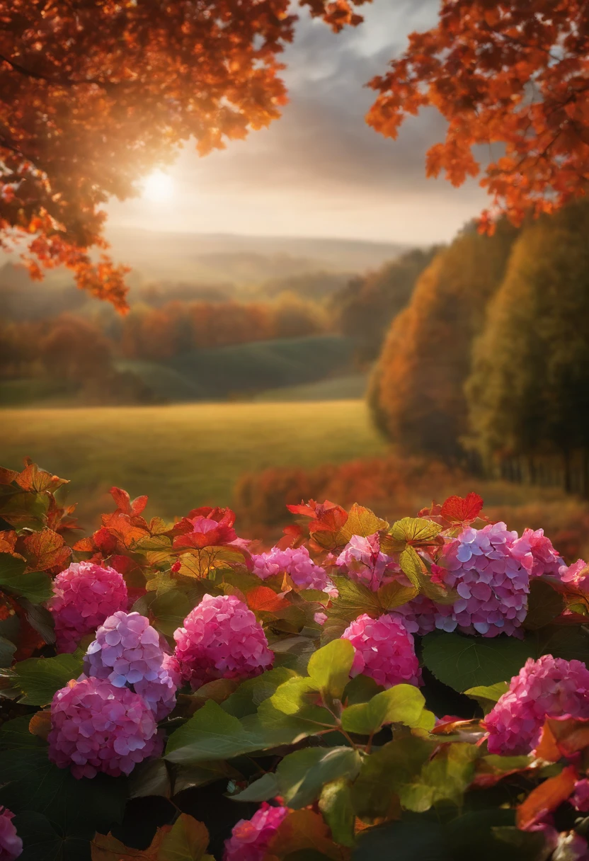 master part, best quality, alta qualidade, extremamente detalhado CG 8k unidade de papel de parede, scenecy, ao ar livre, estabelecimento, Taberna medieval, autumn sky, autumn twilight, outono-inverno, Overcast sky, lua grande brilhando, award-winning photography, profundidade de campo, HDR, flor, bebedouro, hydrangea, fotorrealista, extremamente detalhado, intrincado, High detail, Dramatic, Arte no meio da jornada, trending in artstation, trend in CGSociety, chromatic aberration.