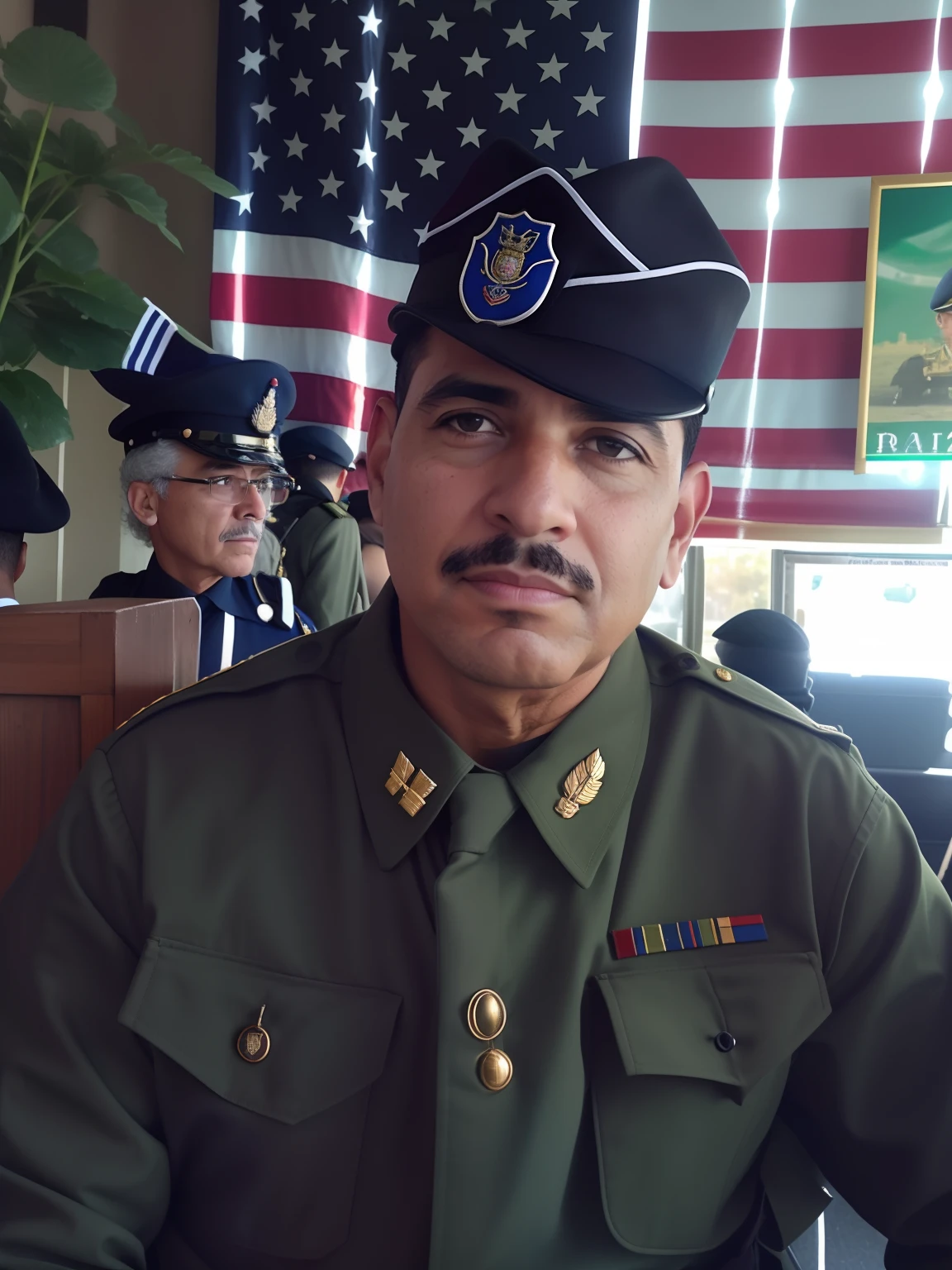 Homem fardado sentado em frente a uma bandeira, ww 2, ww 2, ww2 era, em traje militar completo, Vestindo o uniforme da RR Diner, em uniforme de soldado, em uniforme militar, foto de retrato em close-up, usando uniforme militar, uniforme completo, Foto de perfil, usando uniforme militar, papai, tiro matinal, Luis Nieves Sr., olhando de lado