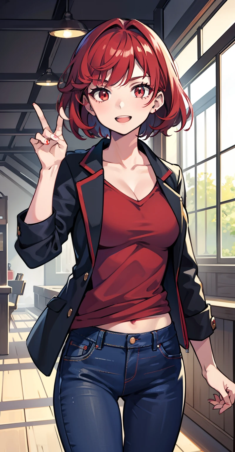 1girl, masterpiece, lady_nagant, short hair, red hair,  red eyes, Medium breasts, happy, Black jacket, jeans