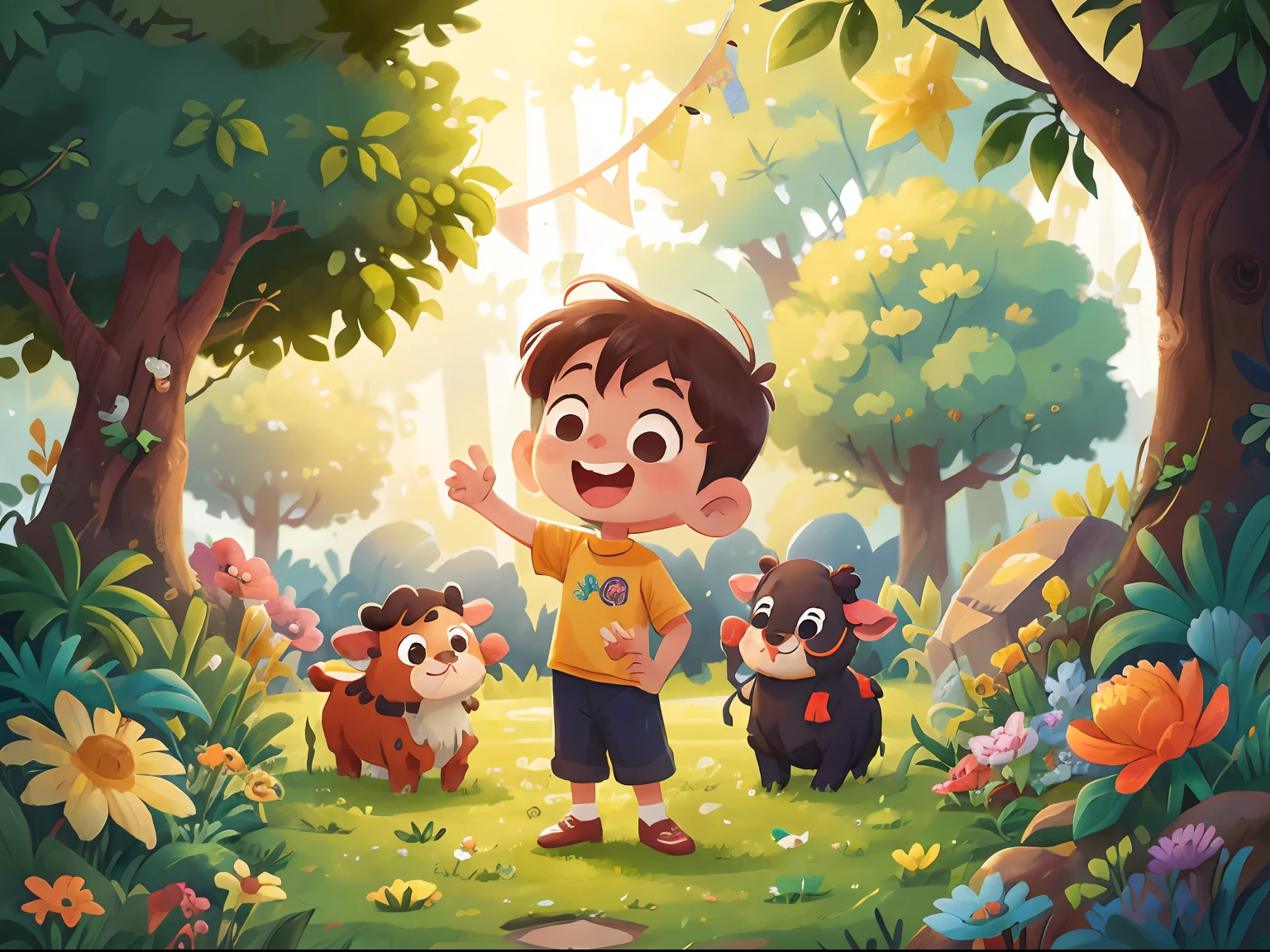 A 6-year-old boy standing in a garden, cheerfulness, cheerfulness, perfectquality,There was a cow standing next to it(The picture of the cow should be clear)