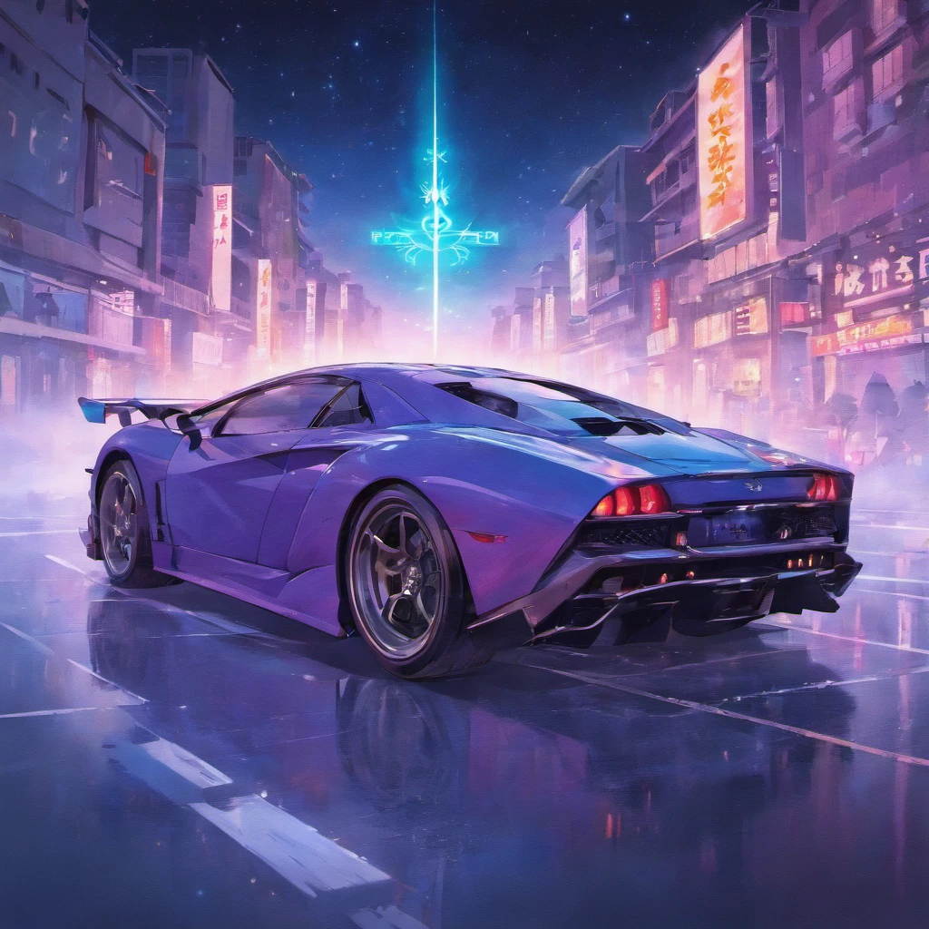 Cool car is placed in the center of Japan supercar beautiful fog starry sky