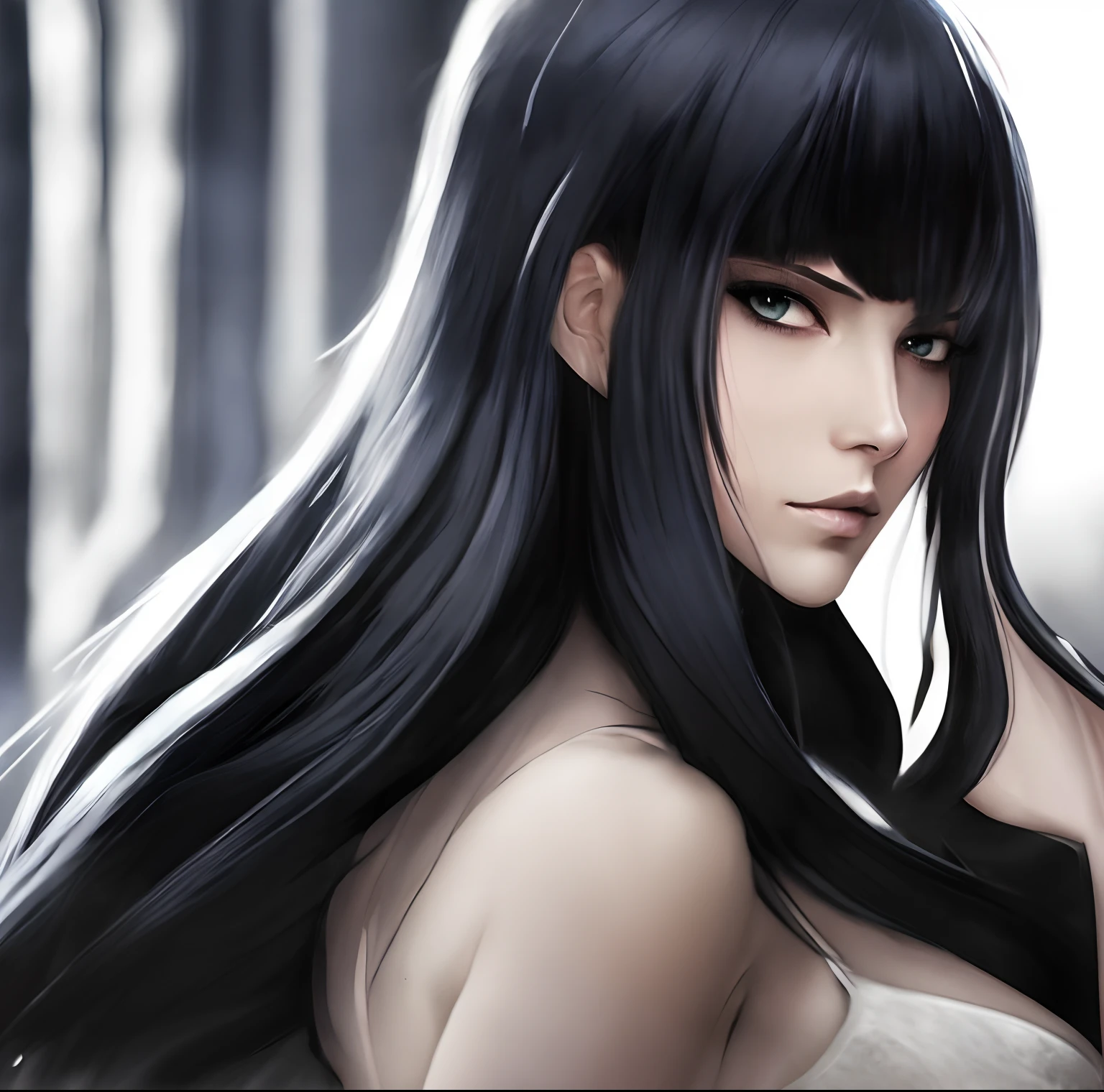 Busty girl blue eyes black hair long with bangs high resolution 12k gotich makeup , big large breast, nudes, beautiful face and stunning pussy, slender body, with nature background deep, open legs fingering tacones