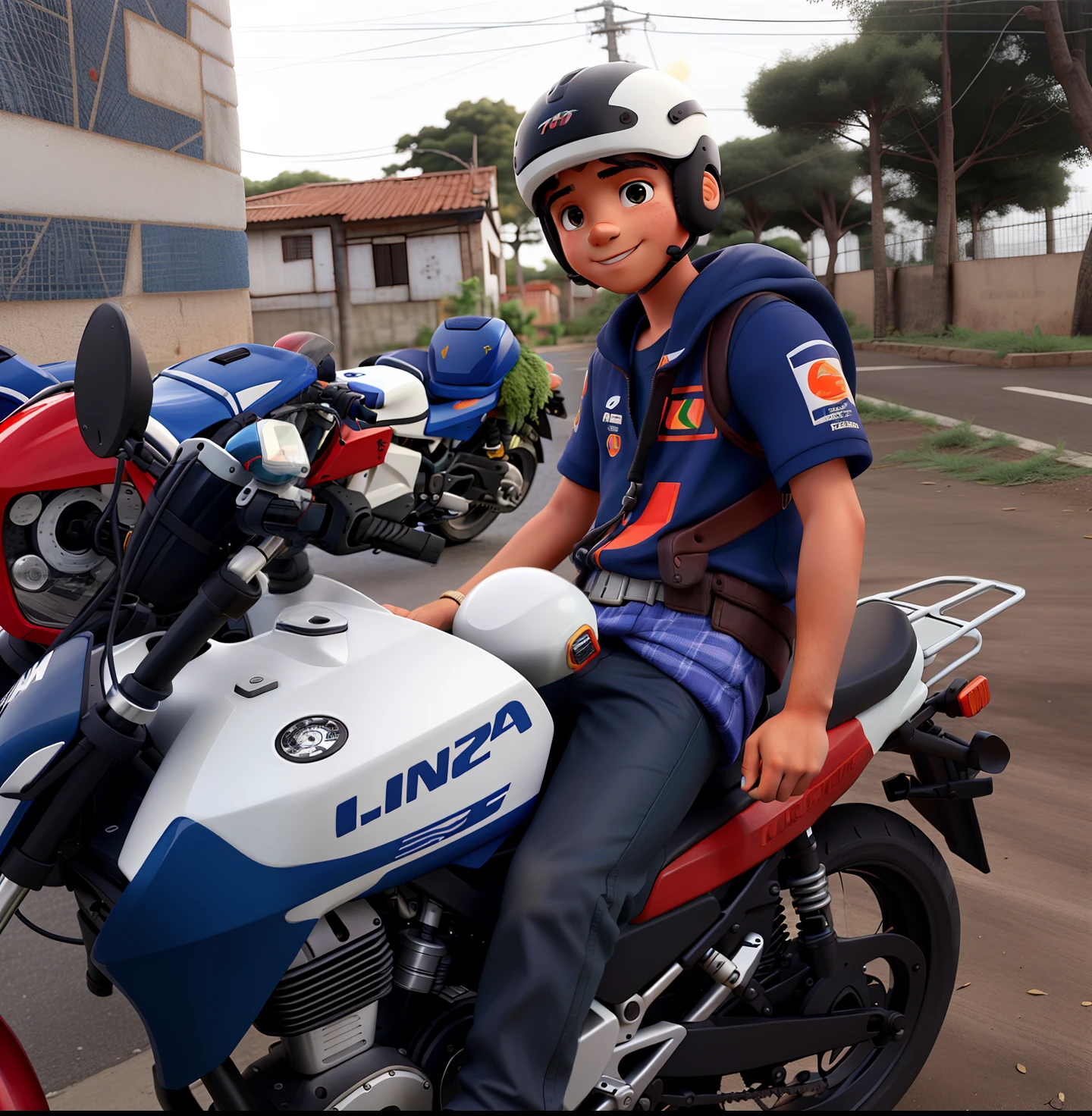 Um menino em cima de uma moto