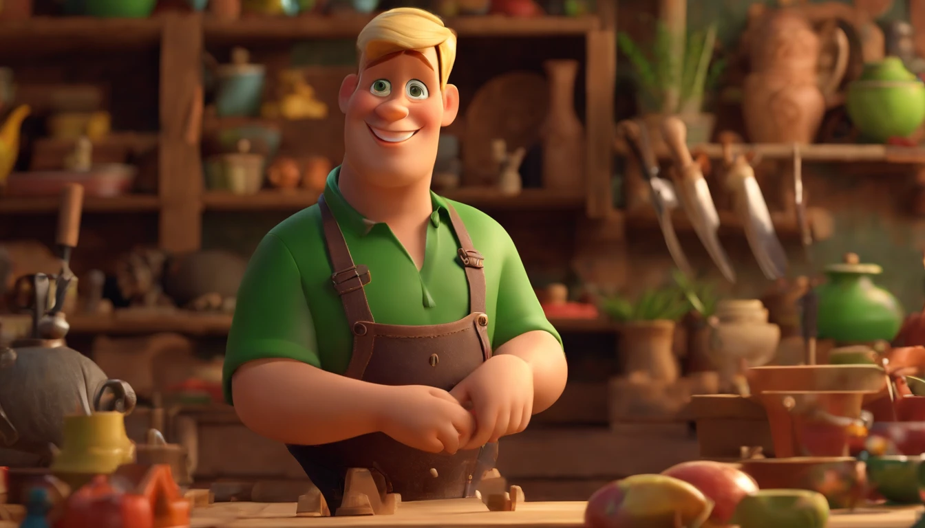 masterpiece, best quality, "create a Disney pixar cartoon style 3d image". Man, 30s, blonde, short hair, green eyes, smiling, fat, dressed in casual clothes and apron, in a craft workshop with carving tools on the walls, carving a colorful African sculpture