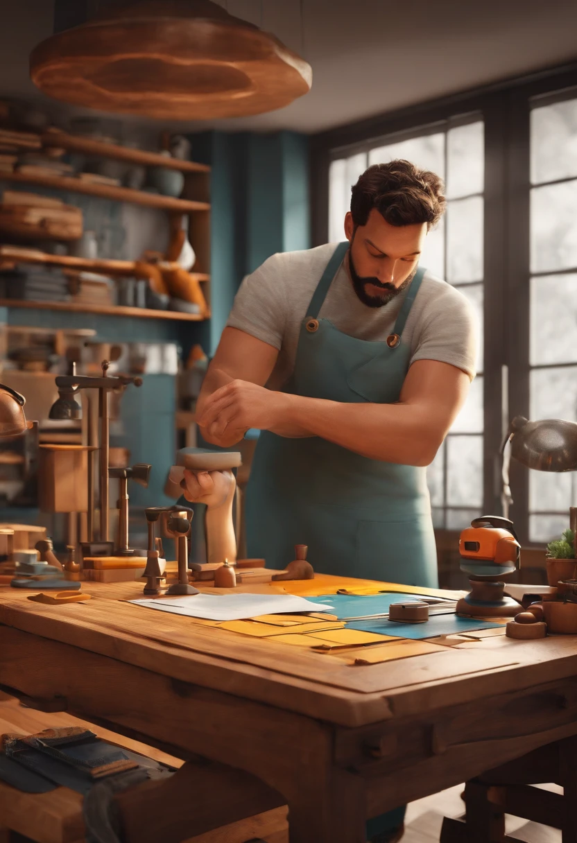 Design inspired by Pixar Stúdio characters. cores vibrantes. fazer uma imagem de um homem. sentado a mesa. He's an architect. It's making an architectural blueprint doing design. Show only the man's hands scribbling on the project he created.