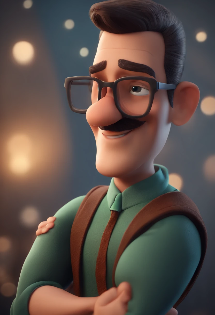 Cartoon character of a man with black glasses and a blue shirt, animation character, Caractere estilizado, animation style rendering, 3D estilizado, Arnold Maya render, 3 d render stylized, toon render keyshot, Personagem 3D, Personagem 3D, 3d rendering stylized, 3 d character render, personagem de desenho animado, Personagem de close up, Pose de personagem,  (Estilo Pixar) (master part:1.2) (Bokeh) (best quality) (pele detalhada) (textura detalhada) (8k) (argila) (Cinematic lighting) (foco nítido